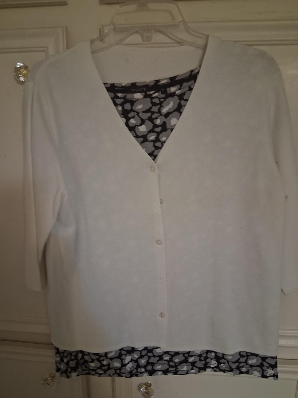 Talbots 2 Peice White V-Neck Button Front Layered Look Sweater,Grey/black/white